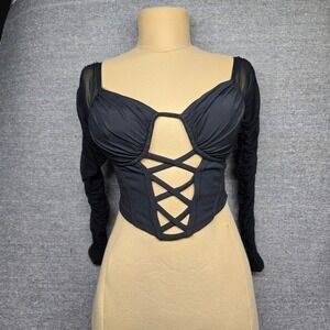 Madrag Black Lace-Up Front Ruched Crop Top Balloon Sleeve Streetwear Size S